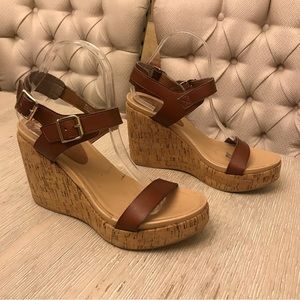 Yellow Box Brown Faux Leather Cork Ankle Strap Wedge Sandals Women Size 8.5 Boho